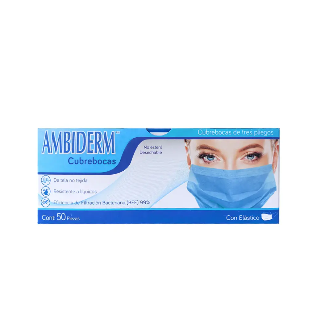 Mascarilla descartable rectangular, 3 pliegues con elástico - Azul