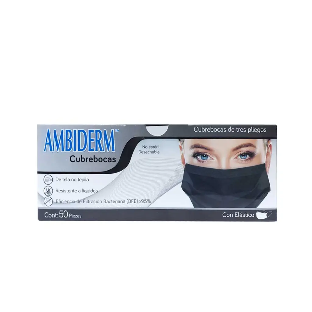 Mascarilla descartable rectangular, 3 pliegues con elástico - Negro