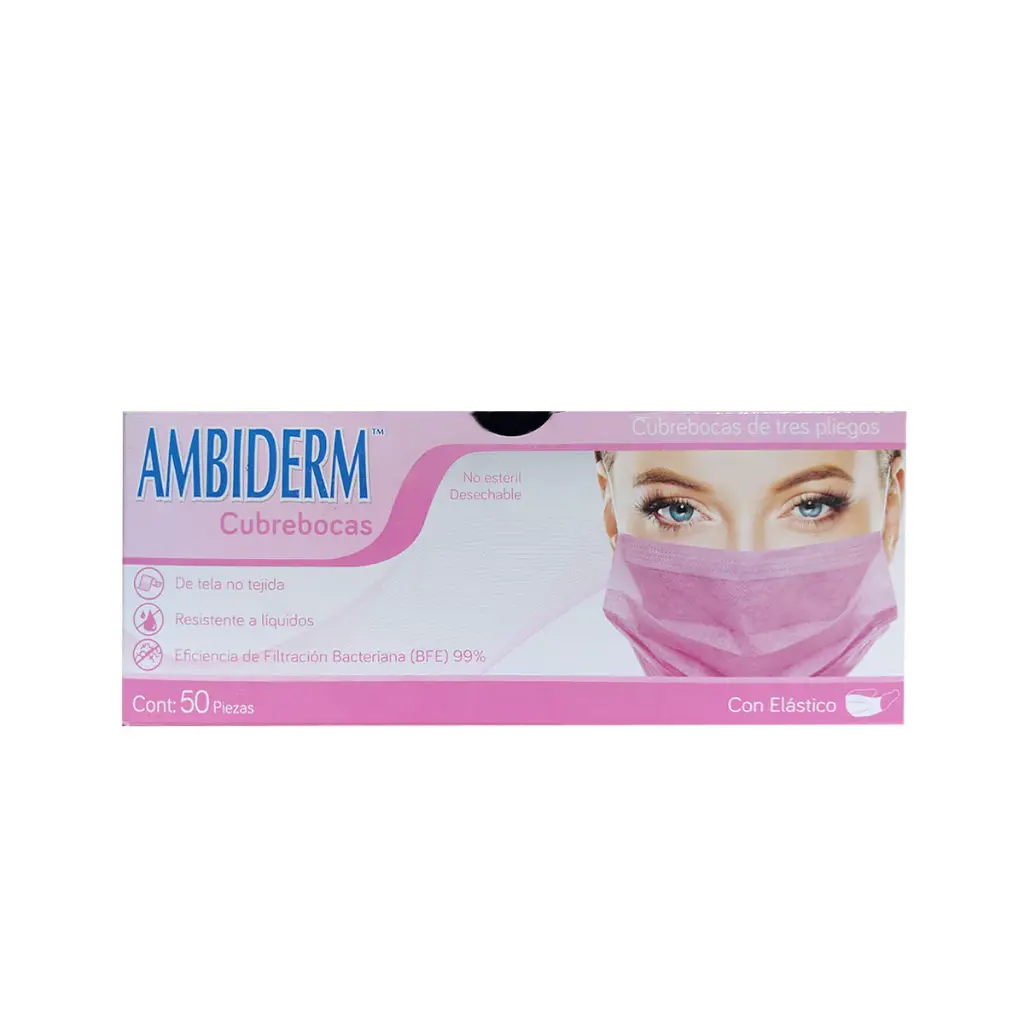 Mascarilla descartable rectangular, 3 pliegues con elástico - Rosado